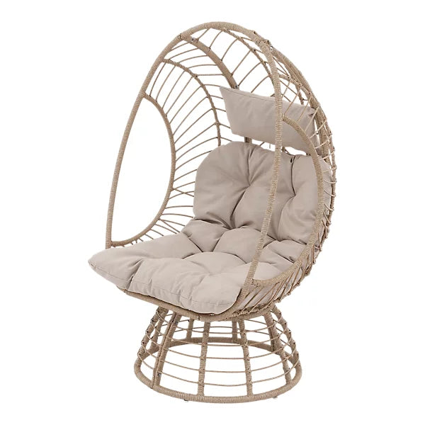 GoodHome Omalos Swivel Egg Chair – Beige Rattan Effect with Cushion