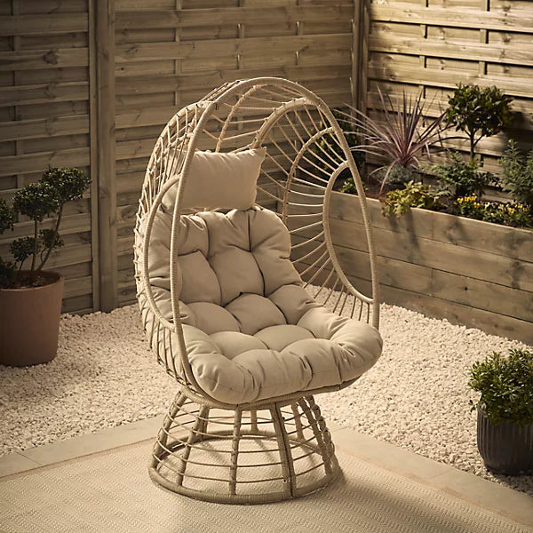 GoodHome Omalos Swivel Egg Chair – Beige Rattan Effect with Cushion