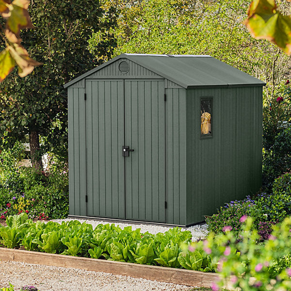 Keter Darwin 8x6 ft Apex Green Resin Shed with Floor and Window – Double Doors