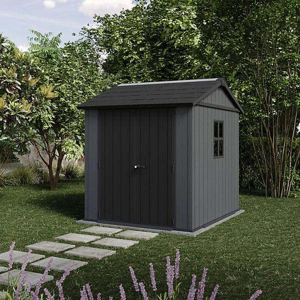 Keter Oakland 7.5x7 ft Apex Grey Resin Garden Shed with Double Doors and Floor