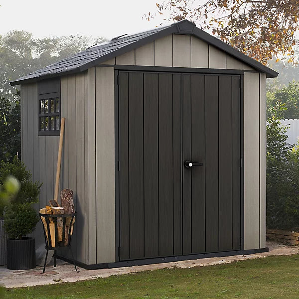 Keter Oakland 7.5x7 ft Apex Grey Resin Garden Shed with Double Doors and Floor