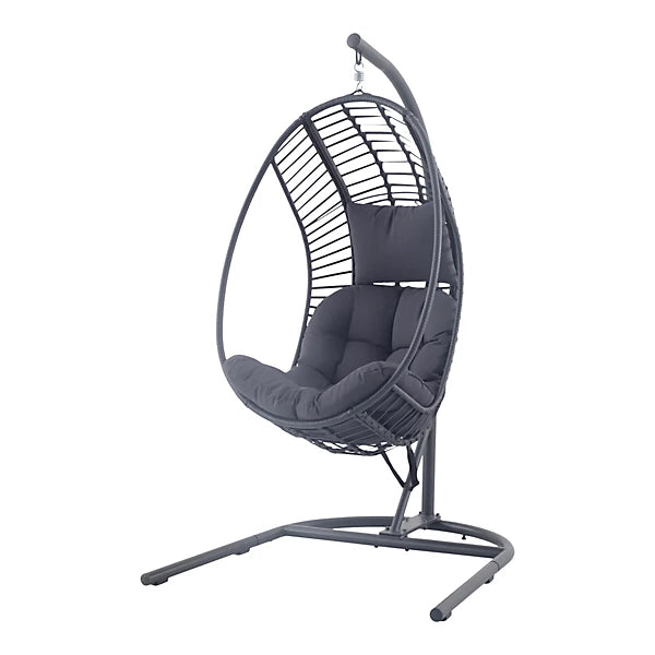Maeria Hanging Egg Chair with Stand – Dark Grey Rattan & Steel Frame with Cushion