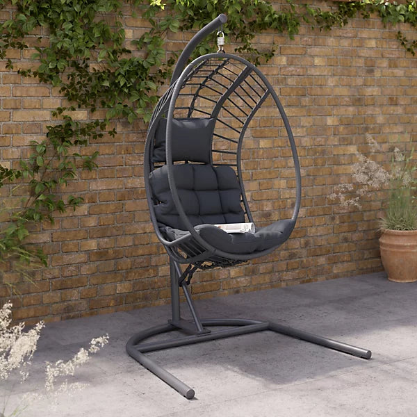 Maeria Hanging Egg Chair with Stand – Dark Grey Rattan & Steel Frame with Cushion