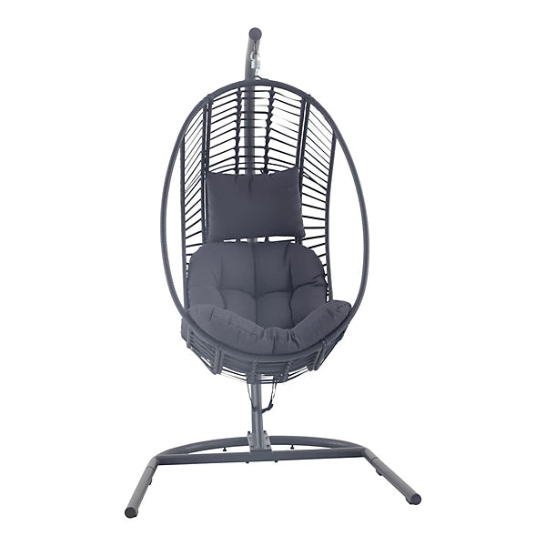 Maeria Hanging Egg Chair with Stand – Dark Grey Rattan & Steel Frame with Cushion