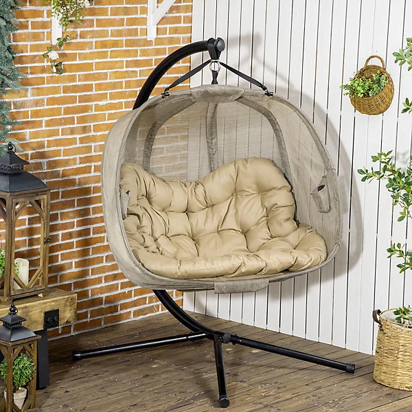 Outsunny Double Hanging Egg Chair with Stand – 2-Seater Hammock, Brown