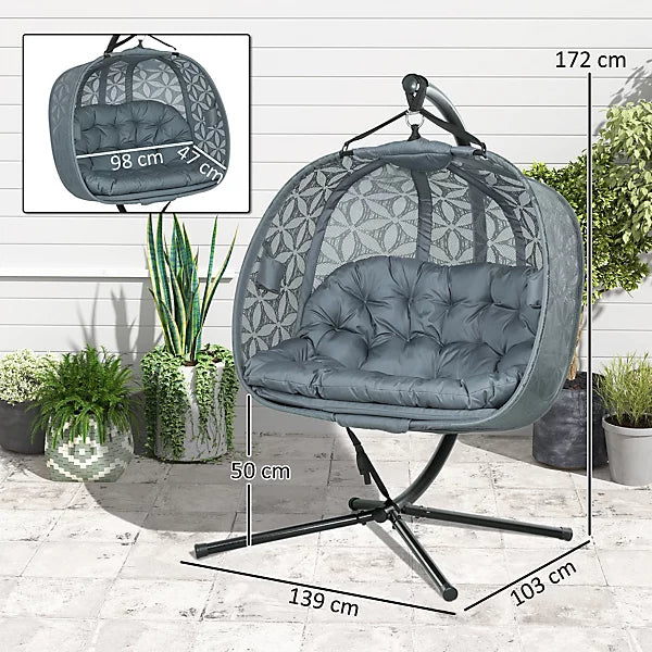 Outsunny Double Hanging Swing Chair with Stand and Cup Holders – Charcoal Grey