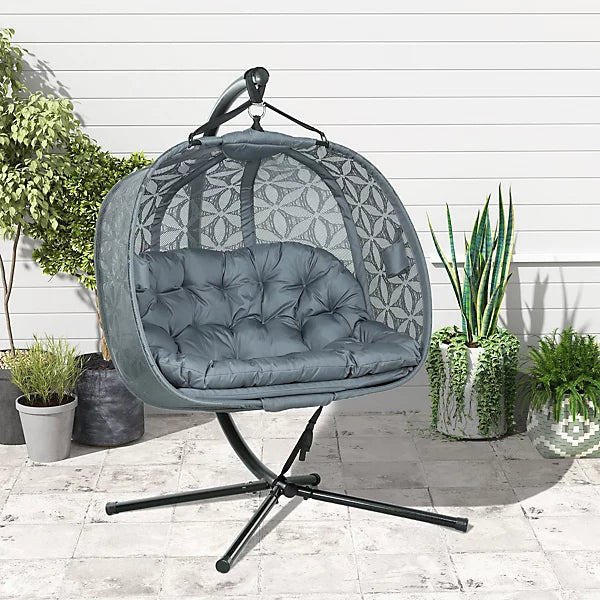 Outsunny Double Hanging Swing Chair with Stand and Cup Holders – Charcoal Grey