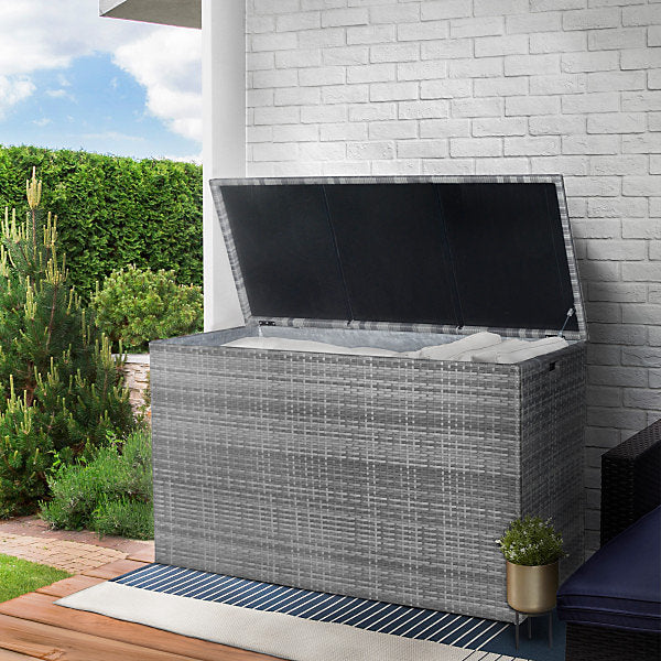 Teamson Home 700L Outdoor Garden Storage Box – Grey PE Rattan with Soft-Close Lid