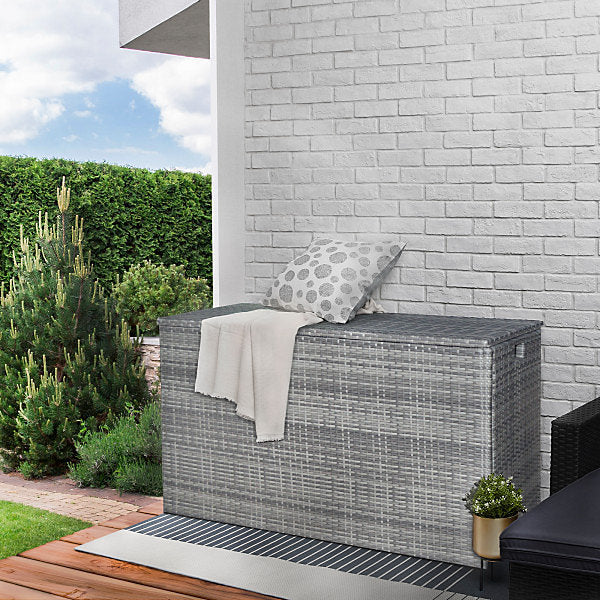 Teamson Home 700L Outdoor Garden Storage Box – Grey PE Rattan with Soft-Close Lid
