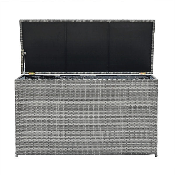 Teamson Home 700L Outdoor Garden Storage Box – Grey PE Rattan with Soft-Close Lid