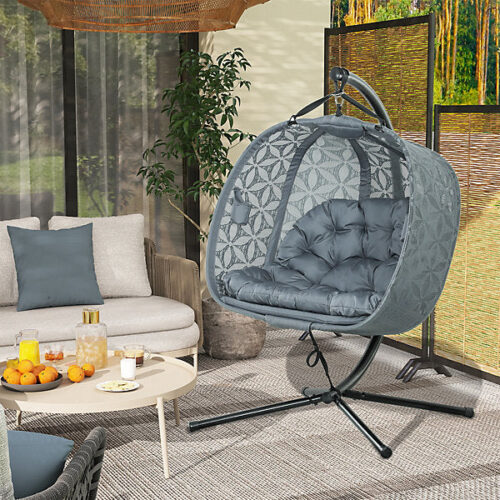 Double Hanging Swing Chair with Stand & Cup Holders, Charcoal Grey